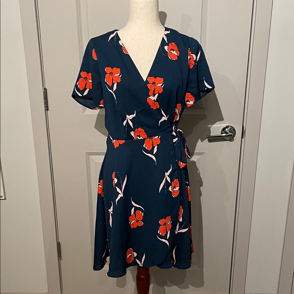 Gianni Bini Navy Wrap Mini Dress with Red Floral Print